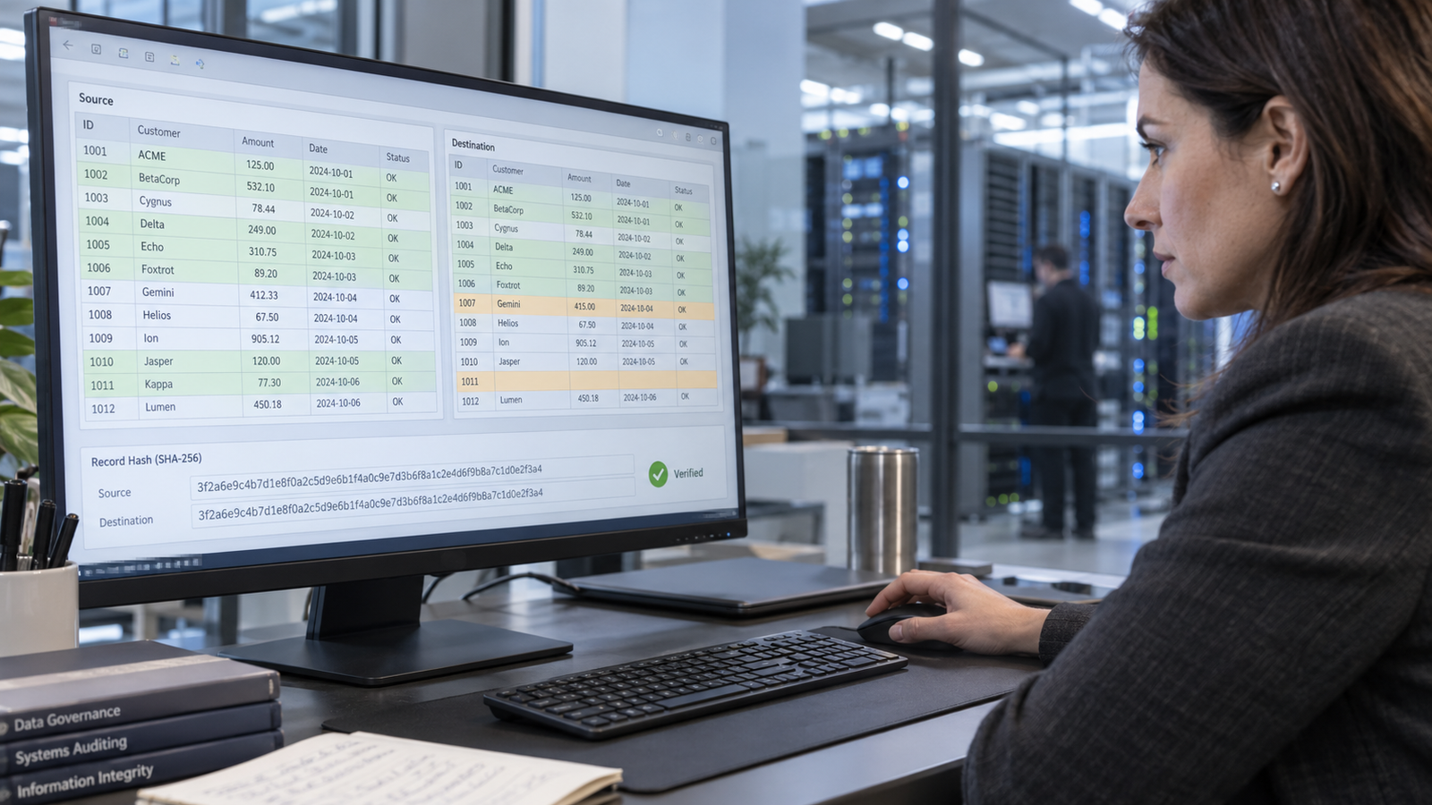 Especialista compara dados de origem e destino, examina divergências entre registros e verifica hashes em ambiente de auditoria de sistemas